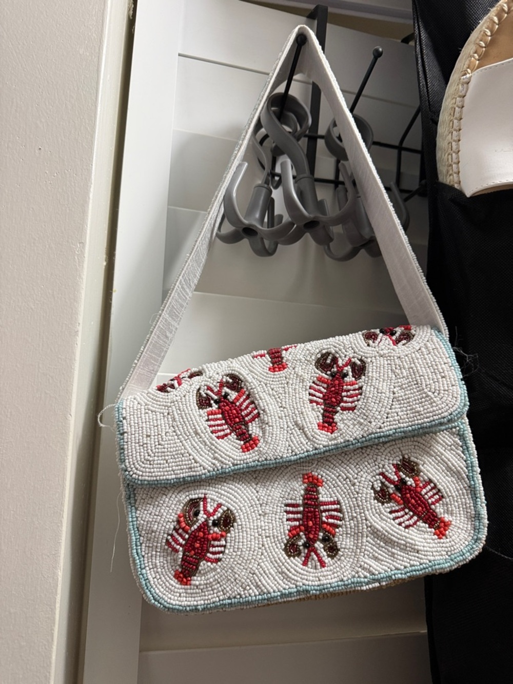 Beaded Lobster Shoulder Bag in White and Red